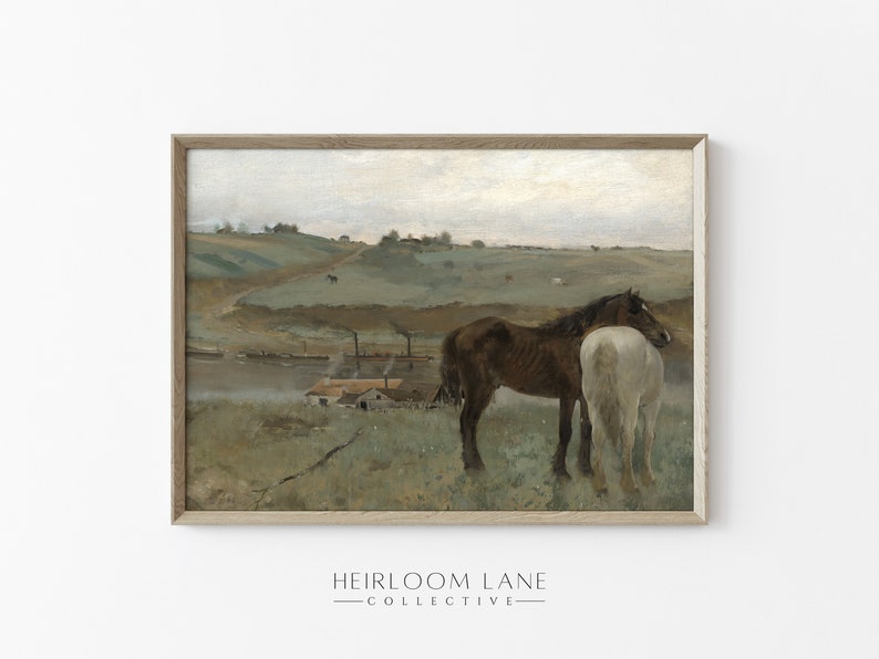 May include: A vintage painting of two horses standing in a field. The horses are brown and white, and they are standing close together. The background is a landscape with rolling hills and a small village in the distance.