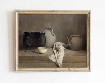 Vintage Kitchen Still Life | Vintage Vase Painting | Digital Download Artwork | Vintage Print | Horizontal Landscape