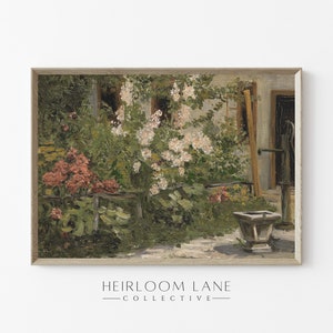 May include: A painting of a garden scene with a white house in the background. The garden is filled with green foliage and pink and red flowers. There is a well in the foreground.