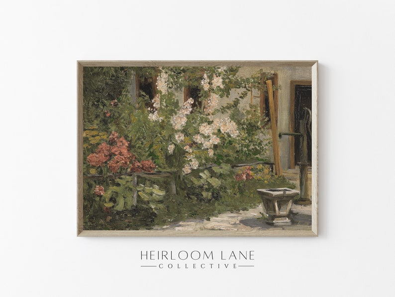 May include: A painting of a garden scene with a white house in the background. The garden is filled with green foliage and pink and red flowers. There is a well in the foreground.