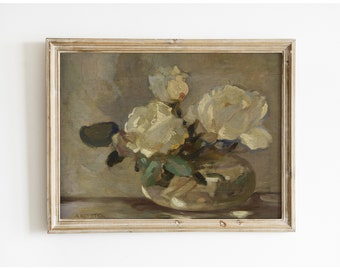 Pintura vintage de flores en un jarrón / Descarga digital instantánea / Arte de pared floral / Pintura vintage botánica / Rosas blancas