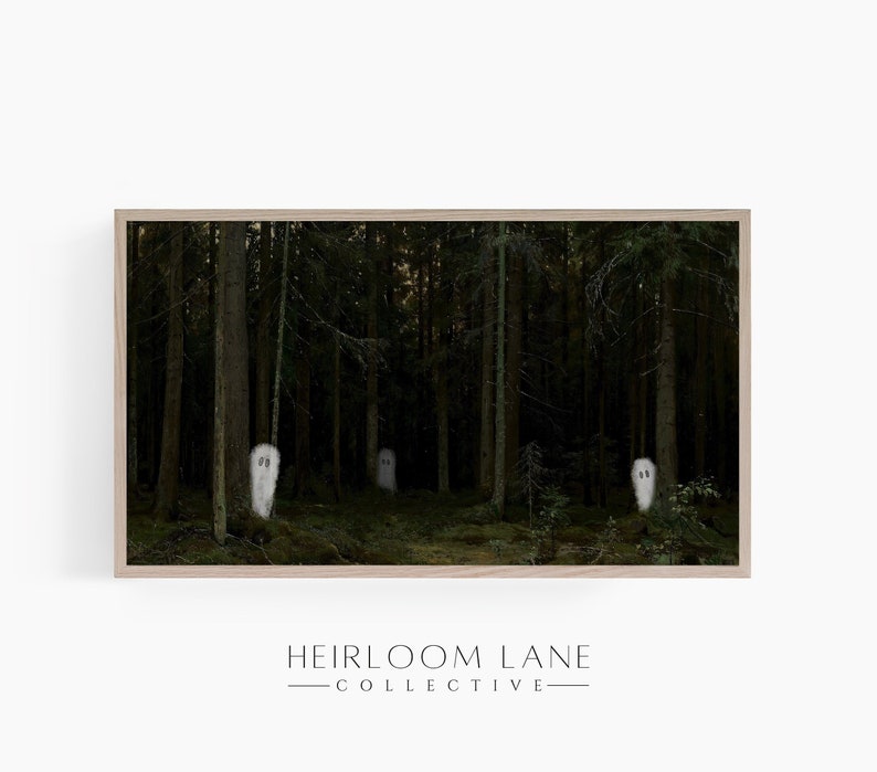 May include: A digital illustration of three white ghosts in a dark forest. The ghosts have two black eyes and are standing in the middle of the trees.