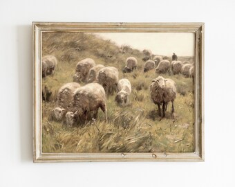 Vintage Sheep Meadow Painting | Vintage Sheep Grazing Painting | Digital Download Artwork | Vintage Spring Print | Vintage Easter Artwork