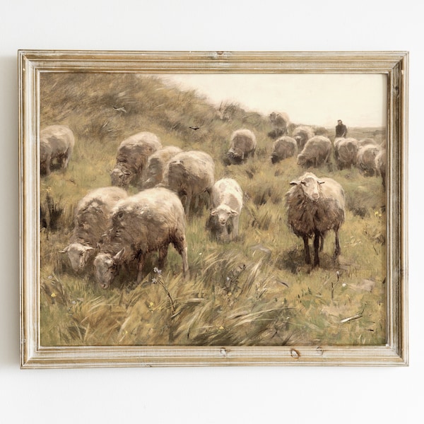 Vintage Sheep Meadow Painting | Vintage Sheep Grazing Painting | Digital Download Artwork | Vintage Spring Print | Vintage Easter Artwork