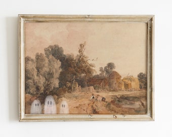 Three Autumn Ghost Vintage Painting Instant Digital Download | Halloween Wall Art | Halloween Home Decor | Autumn Fall Print Landscape 8247