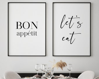 Bon Appetit Let's Eat | Set of 2 Prints | Dining Room Wall Art | Kitchen Decor | Typography Posters | Contemporary Prints (Unframed)