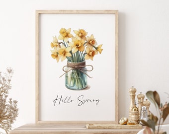 Hello Spring Print | Seasonal Wall Art | Daffodils In Mason Jar Illustration | Typography Poster | UNFRAMED