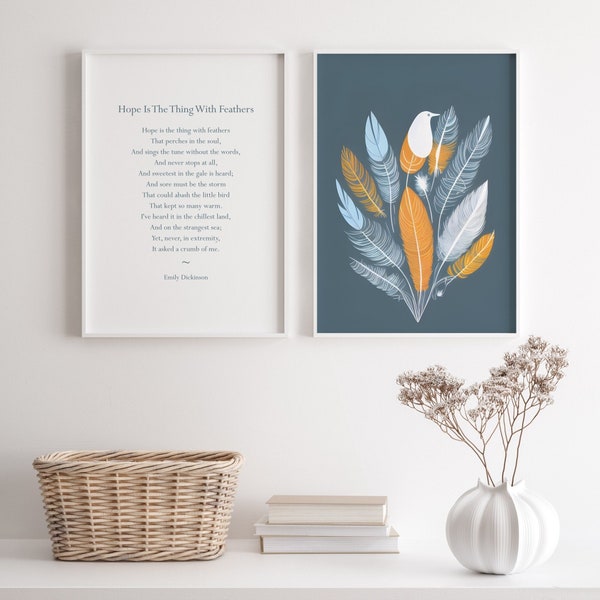 Hope Is The Thing With Feathers | Set of 2 Prints | Emily Dickinson Poem | Abstract Literary Wall Art | Classical Poetry | UNFRAMED