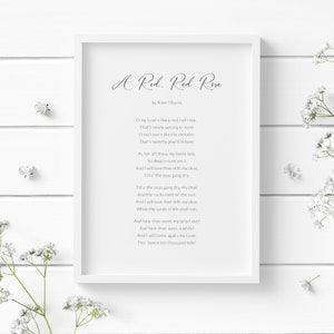 Impresión de una rosa roja, poema de Robert Burns, arte romántico para pared, regalo de boda o aniversario, sin marco