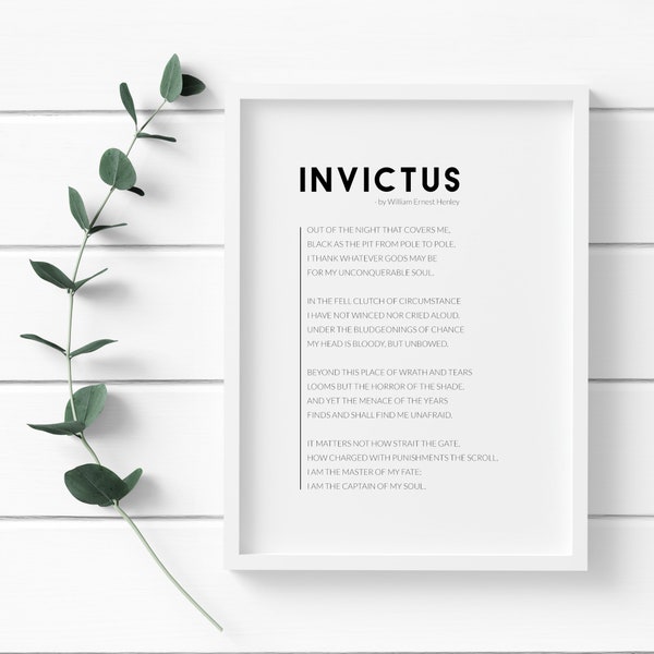 Invictus, de William Ernest Henley Print / Poesía inspiradora / Arte literario de la pared / Cartel tipográfico / UNFRAMED