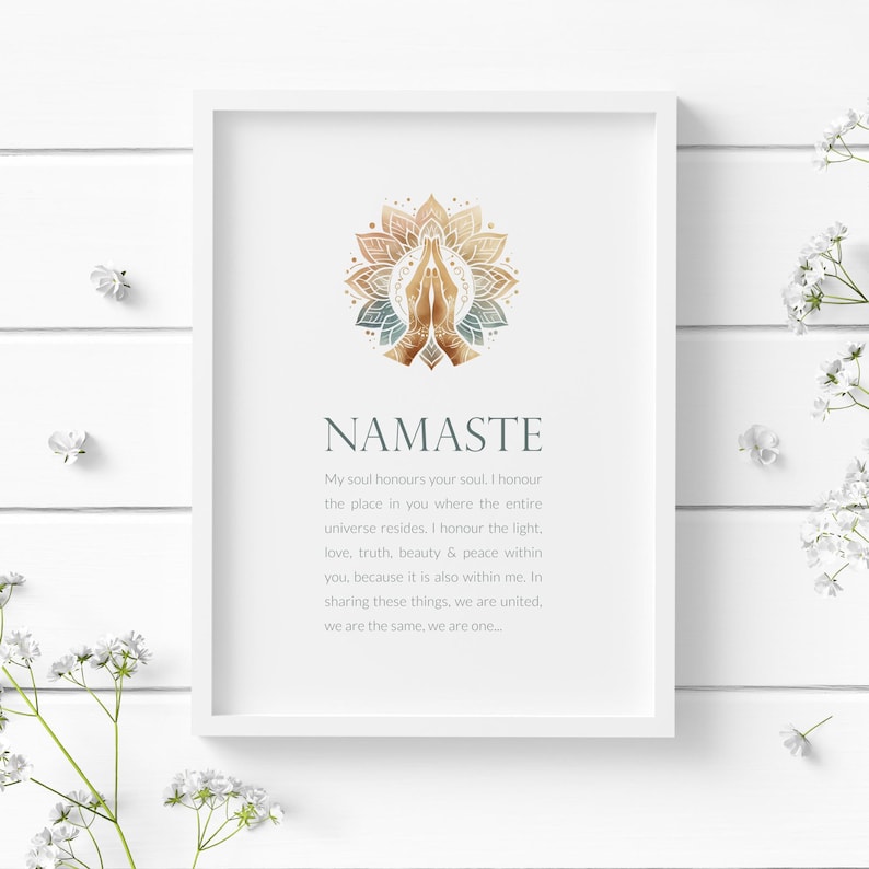 May include: A printable wall art print featuring a gold and blue mandala design and the text "NAMASTE" with a quote about honouring the soul and the universe.