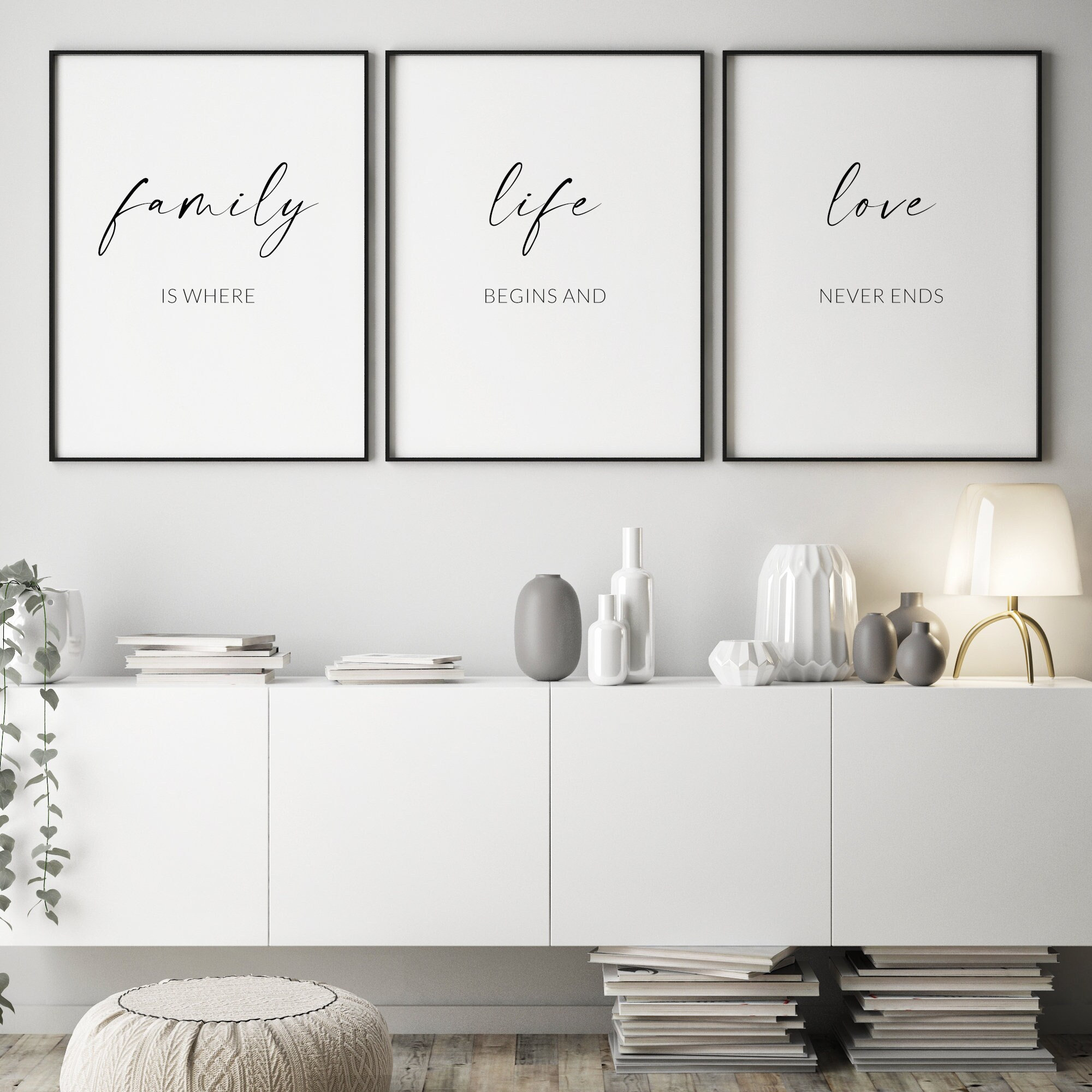 Family, Life, Love Quote | Set of 3 Prints | Living Room Wall Art | Kitchen & Dining Room Decor | Typography Posters | UNFRAMED
