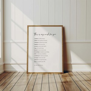 May include: A framed print with a white background and black text. The text reads "This is my wish for you" and lists a series of positive words like comfort, smiles, rainbows, laughter, sunsets, beauty, friendships, faith, confidence, courage, patience, and love.