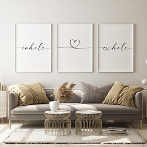 Stampe "Inspira e espira con cuore" (set di 3) / Arte murale rilassante / SENZA CORNICE