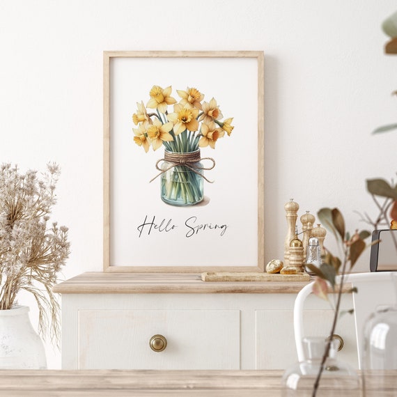 Hello Spring Print | Seasonal Wall Art | Daffodils In Mason Jar Illustration | Typography Poster | UNFRAMED