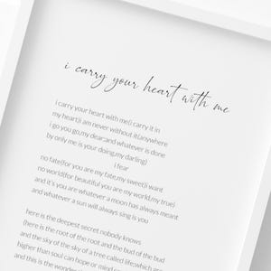 Stampa "Porto il tuo cuore con me" / Poesia di E. E. Cummings / Arte murale romantica / Regalo per matrimonio o anniversario / SENZA CORNICE