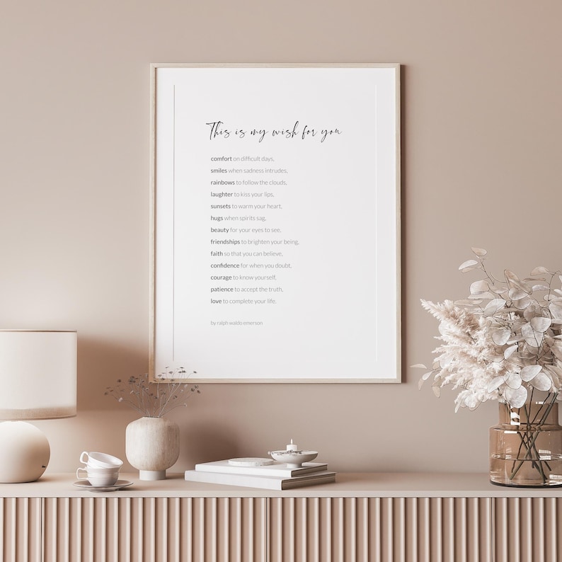May include: A white framed print with a black and gray text overlay. The text reads "This is my wish for you" and lists a series of words such as "comfort", "smiles", "rainbows", "laughter", "sunsets", "beauty", "hugs", "friendships", "faith", "confidence", "courage", "patience", and "love".
