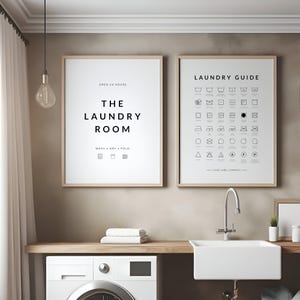 Decorazioni murali per lavanderia / Set di 2 stampe / Guida ai simboli per la lavanderia e la cura / Decorazioni per la lavanderia / Poster con citazioni / SENZA CORNICE