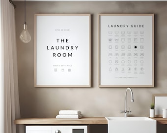 Arte mural para el lavadero / Juego de 2 láminas / Guía de símbolos de cuidado y lavandería / Decoración para el lavadero / Pósteres con frases / SIN MARCO