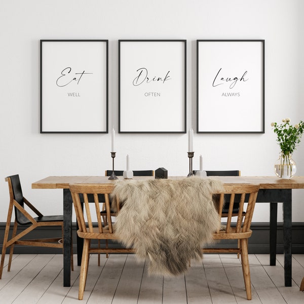 Eat Well Drink Often Laugh Always Quote | Set of 3 Prints | Dining Room Wall Art | Kitchen Decor | Modern Posters | UNFRAMED