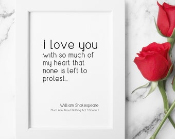 Ik hou met zoveel van mijn hart van je | Romantische print | Citaat Veel drukte om niets | Shakespeare-muurkunst | Typografieposter | INGELIJSTE