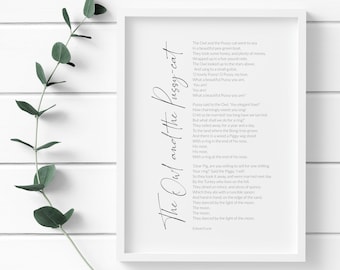 The Owl And The Pussy-Cat Print | Edward Lear Nonsense Poem | Inspirational Poetry | Literary Wall Art | Typography Poster | UNFRAMED