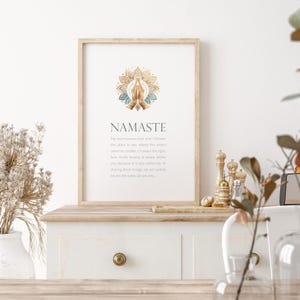 May include: A printable wall art poster with a gold and blue mandala design and the word "Namaste" in a sans-serif font. The text below the mandala reads "My soul honours your soul. I honour the place in you where the entire universe resides. I honour the light, love, truth, beauty & peace within you, because it is also within me. In sharing these things, we are united, we are the same, we are one."