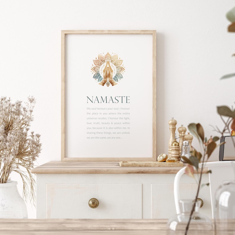 May include: A printable wall art poster with a gold and blue mandala design and the word "Namaste" in a sans-serif font. The text below the mandala reads "My soul honours your soul. I honour the place in you where the entire universe resides. I honour the light, love, truth, beauty & peace within you, because it is also within me. In sharing these things, we are united, we are the same, we are one."