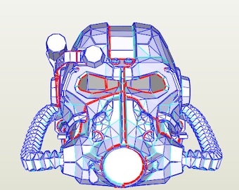 May include: A 3D model of a helmet with a blue and red wireframe. The helmet has a visor, a mouthpiece, and two hoses on the sides.