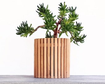 Ribbed Wooden Planter. Pot made of natural oak wood. Botanical Decor.