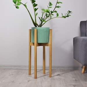 Puede incluir: Una maceta verde claro con una planta ZZ se encuentra sobre un soporte de madera natural. El soporte tiene una base cuadrada y cuatro patas largas. La maceta es cilíndrica y tiene una superficie texturizada. La planta tiene hojas largas y verdes.