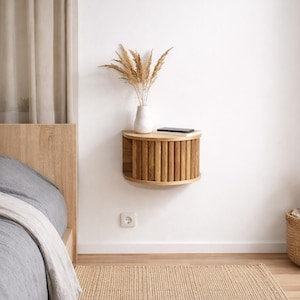 Massief eiken zwevend nachtkastje – Scandinavisch minimalistisch nachtkastje, verborgen plank
