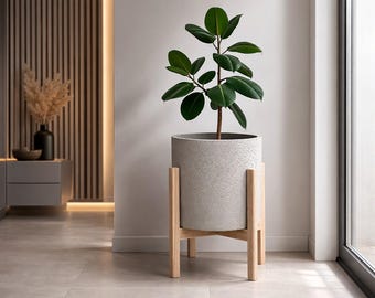 Soporte para plantas de roble con maceta de hormigón.