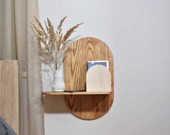 Comodino galleggiante moderno, comodino a parete montato, mensola di design scandinavo, sé in legno scuro, comodino ad arco, tavolo da camera da letto.