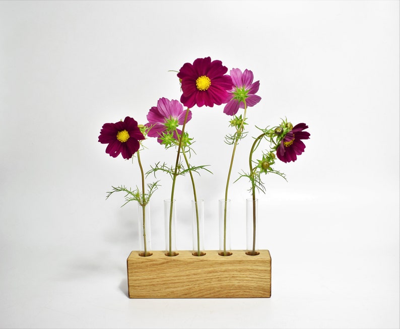 Modern Wood vase with 5 glass test tube, Minimalist Design vase, Wooden Vase, Fresh Flowers Vase, Dried Flower Vase, Vase For Flowers, Vases image 3