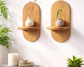 Estantes flotantes arqueados de roble, estilo escandinavo minimalista, juego de 2