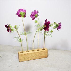 Modern Wood vase with 5 glass test tube, Minimalist Design vase, Wooden Vase, Fresh Flowers Vase, Dried Flower Vase, Vase For Flowers, Vases image 1