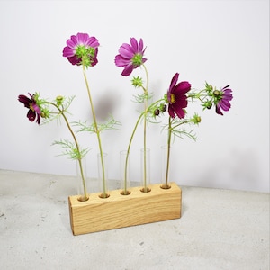 Moderne Holzvase mit 5 Reagenzgläsern aus Glas, Minimalistische Designvase, Holzvase, Vase für frische Blumen, Vase für getrocknete Blumen, Vase für Blumen, Vasen