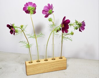 Modern Wood vase with 5 glass test tube, Minimalist Design vase, Wooden Vase, Fresh Flowers Vase, Dried Flower Vase, Vase For Flowers, Vases