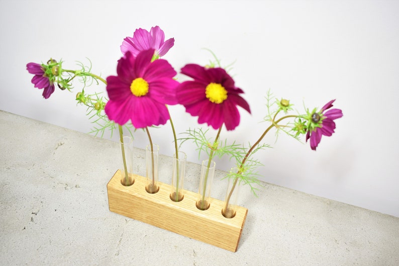 Modern Wood vase with 5 glass test tube, Minimalist Design vase, Wooden Vase, Fresh Flowers Vase, Dried Flower Vase, Vase For Flowers, Vases image 2