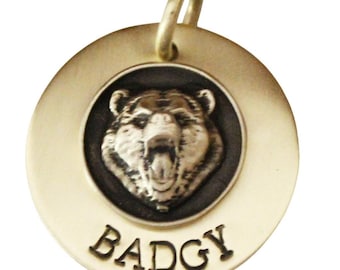 Bear Dog Tag, Custom Brass Personalized Pet ID