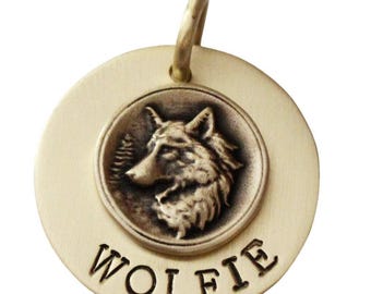 Wolf Dog Tag, Custom Brass Personalized Pet ID