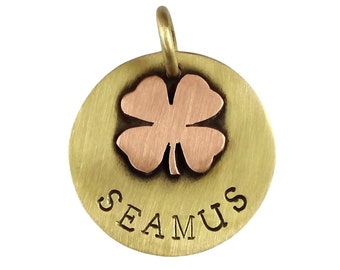 Personalized Lucky Clover Dog Tag ID for collar with Stamped Front Name, Back Phone, Text, Address