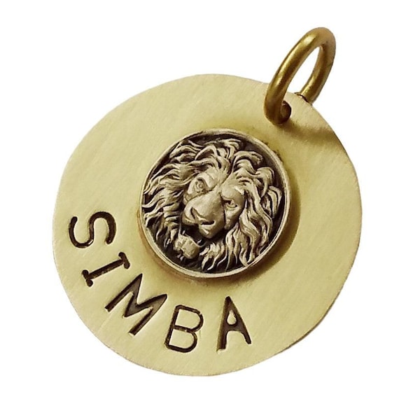 Lion Head Dog Tag, Handmade Personalized Pet ID, Brass, Copper, Silver