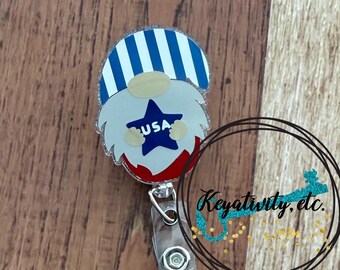 Gnome USA Badge Reel • Red White Blue 4th of July Fourth Stripes Glitter • Made to Order