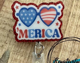 Merica Sunglasses Badge Reel • Stars Stripes Patriotic Fireworks Fourth of July Independence Day Red White Blue • Ready to Ship