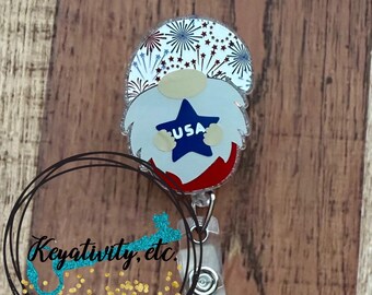 Gnome USA Badge Reel • Red White Blue 4th of July Fourth Fireworks Glitter • Made to Order