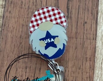 Gnome USA Badge Reel • Red White Blue 4th of July Fourth Gingham Glitter • Made to Order
