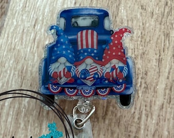 Gnome Truck Patriotic Badge Reel •  Stars Stripes Fireworks Fourth of July Independence Day Red White Blue • Ready to Ship