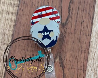 Gnome USA Badge Reel • Red White Blue 4th of July Fourth Sketch Stars and Stripes Glitter • Made to Order